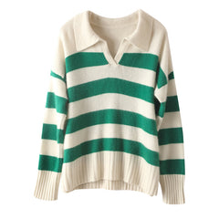 POLO Collar Striped Thickened Loose Pullover Sweater for Women