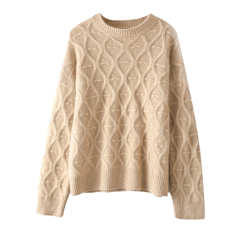 Women's Round Neck Sweater Retro Diamond Casual Cashmere Sweater Lazy Loose Sweater
