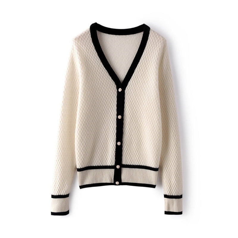 Casual Loose Knitted Cardigan Women's V-neck Color Block Sweater Cardigan