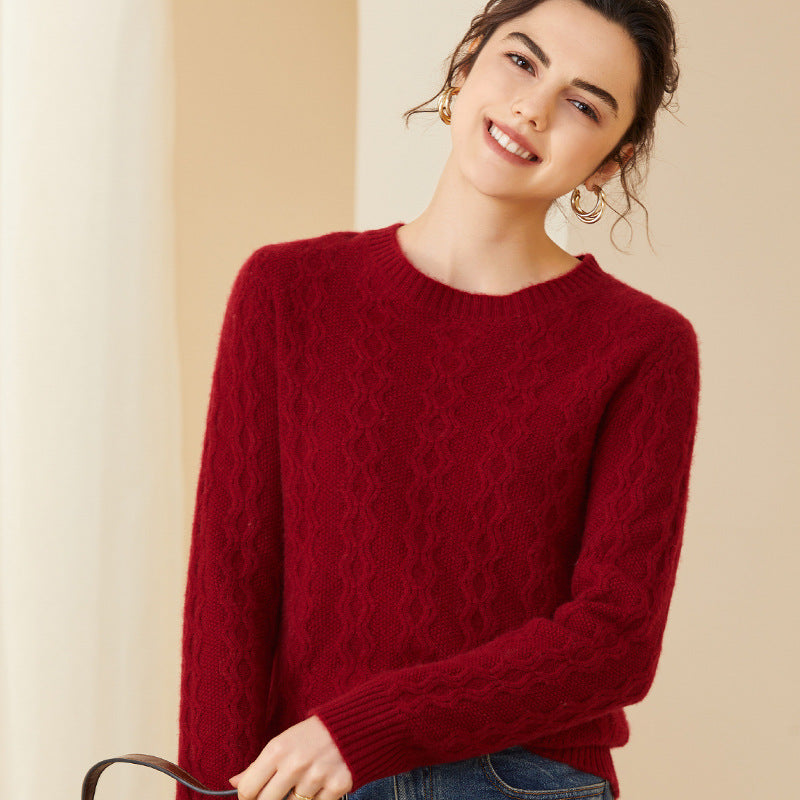 Women's Round Neck Thickened Casual Solid Color Cable Cashmere Sweater