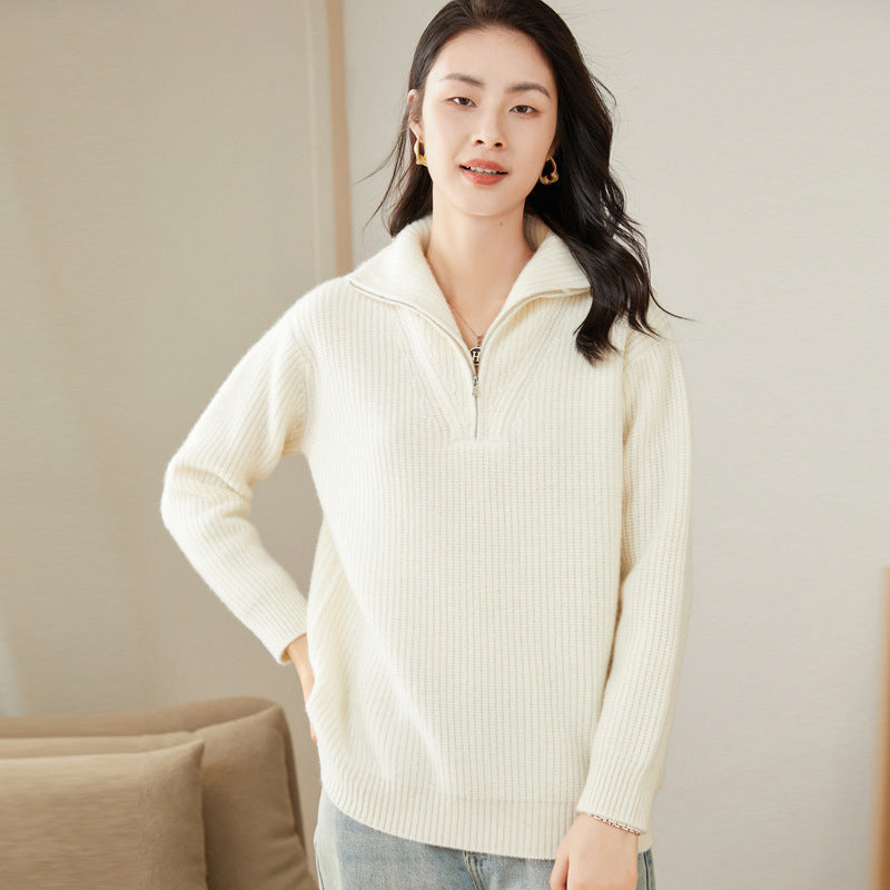 Half-zip Turtleneck Cashmere Sweater for women Thickened Loose Sweater