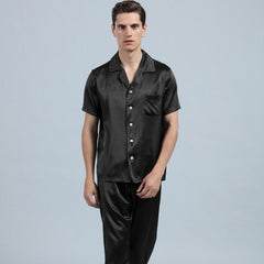 100% Silk Short Sleeve Pajamas Set Short Silk Nightwear Summer For Men