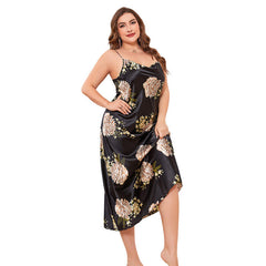 Cowl Neck Flower Printed Long Silk Nightgown Plus Size Women