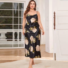 Cowl Neck Flower Printed Long Silk Nightgown Plus Size Women