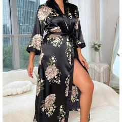 Black Women Floral Print Silk Robe Deep V Neck Luxury Silk Nightwear