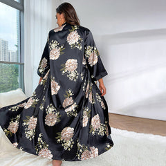 Black Women Floral Print Silk Robe Deep V Neck Luxury Silk Nightwear