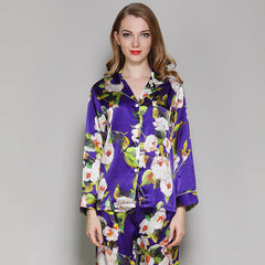 100% Mulberry Silk Flower Printed Silk Pajamas Set For Women