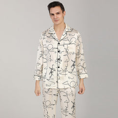 100% Silk Long Sleeve Pajamas Set White Printed Silk Nightwear Summer For Men