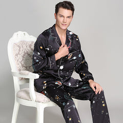 Long Galaxy Print Men Silk Pajama Set Luxury Silk Nightwear