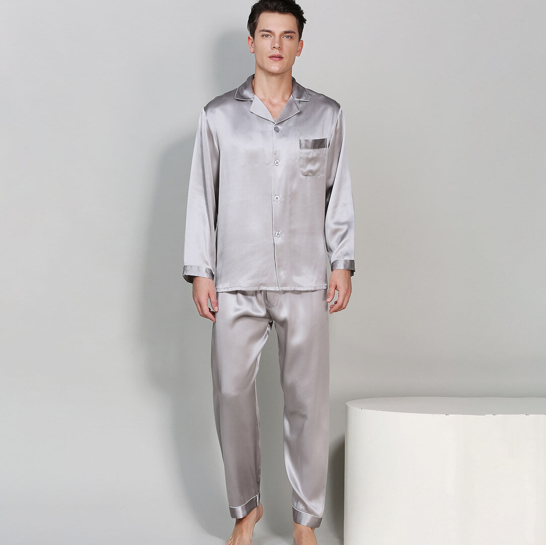 Men's Luxury Silk Sleepwear 100% Silk Sleeve Pajamas Set Long Silk Nightwear