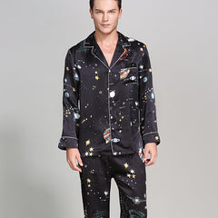 Long Galaxy Print Men Silk Pajama Set Luxury Silk Nightwear