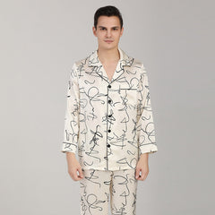 100% Silk Long Sleeve Pajamas Set White Printed Silk Nightwear Summer For Men