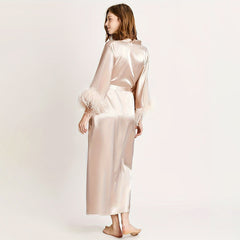 Women Long V Neckline  Pure Silk Kimono Robes with Ostrich Feather