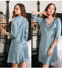 Women Silk Nightgown With Lace Long Sleeves Classic Silk Sleepwear