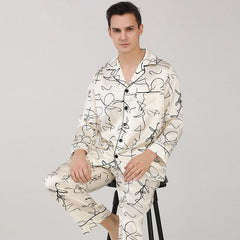 100% Silk Long Sleeve Pajamas Set White Printed Silk Nightwear Summer For Men