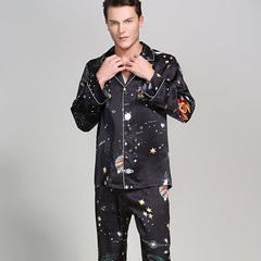 Long Galaxy Print Men Silk Pajama Set Luxury Silk Nightwear