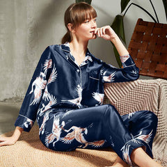 Luxury Women's 100% Printed Embroidered Two-Piece Silk Sleepwear Set