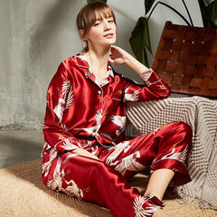 Luxury Women's 100% Printed Embroidered Two-Piece Silk Sleepwear Set