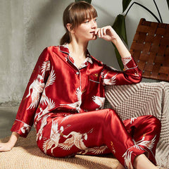 Luxury Women's 100% Printed Embroidered Two-Piece Silk Sleepwear Set