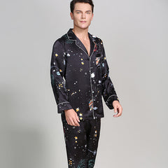 Long Galaxy Print Men Silk Pajama Set Luxury Silk Nightwear