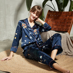 Printed Women Silk Pajamas Long Sleeve Silk Pajama Set