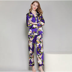 100% Mulberry Silk Flower Printed Silk Pajamas Set For Women