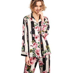 Women's 100 Mulberry Rose Flower Print Long Pajamas Silk Set