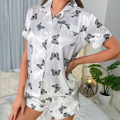 100% Mulberry Silk Luxury Butterfly Short Silk Pajamas Set Sleepwear For Women