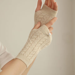 Women's 100% Cashmere Long Sleeve Half Finger Fingerless Mitten Gloves with Pearl