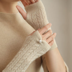 Women's 100% Cashmere Long Sleeve Half Finger Fingerless Mitten Gloves with Pearl