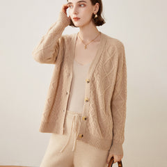 Women's Thickened Cardigan Cable Pure Cashmere Cardigan Twist Knitted Jacket Sweater