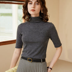 Pile Collar Solid Color Thin Quarter-sleeve Slim Fit Cashmere Knitted Half-sleeve for Women