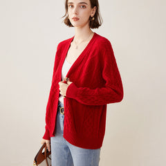 Women's Thickened Cardigan Cable Pure Cashmere Cardigan Twist Knitted Jacket Sweater