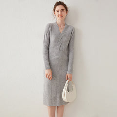 Women's V-neck Twisted Pullover  Mid-length Knitted  Sweater Dress