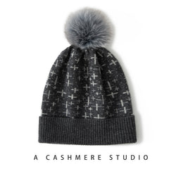 New Cashmere Hat Women's Warm Hat Knitted Cashmere Hat with Fur Pom