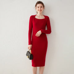 Striped Cashmere Dress Women's Long One-line Collar Knitted Dress