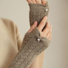 Women's 100% Cashmere Long Sleeve Half Finger Fingerless Mitten Gloves with Pearl