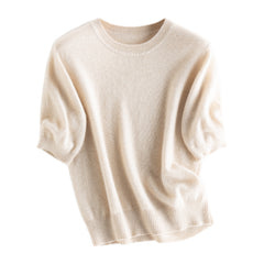 Women's Pure Cashmere Round Neck Solid Color Half-sleeve Pullover Sweater Short Knitted