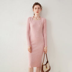 Striped Cashmere Dress Women's Long One-line Collar Knitted Dress