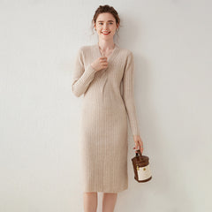 Women's V-neck Twisted Pullover  Mid-length Knitted  Sweater Dress