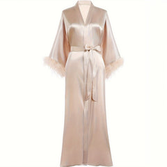 Women Long V Neckline  Pure Silk Kimono Robes with Ostrich Feather