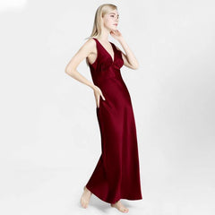 Deep V Neck Classic Silk Nightgown Long Silk Nightwear For Women