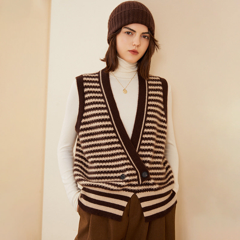V-neck Stacked Knitted Double-breasted Cashmere Sleeveless Sweater Cardigan