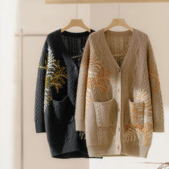 V-neck Mid-Length Thick Hand-Embroidered Color Block Loose Cardigan