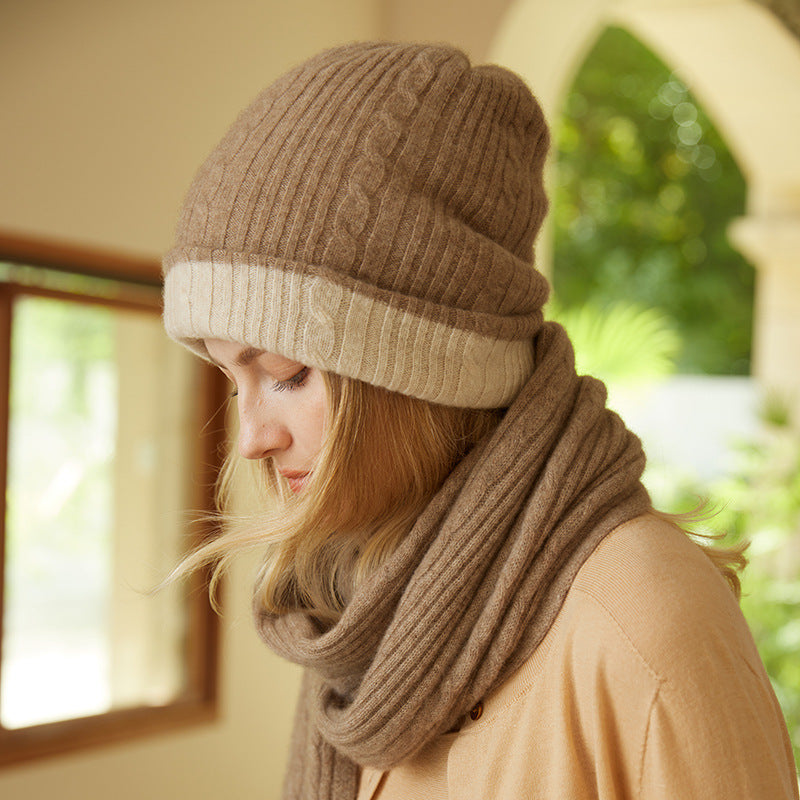 Women's 100% Pure Cashmere Double-sided Color Block Cable Knit Warm Cashmere Hat