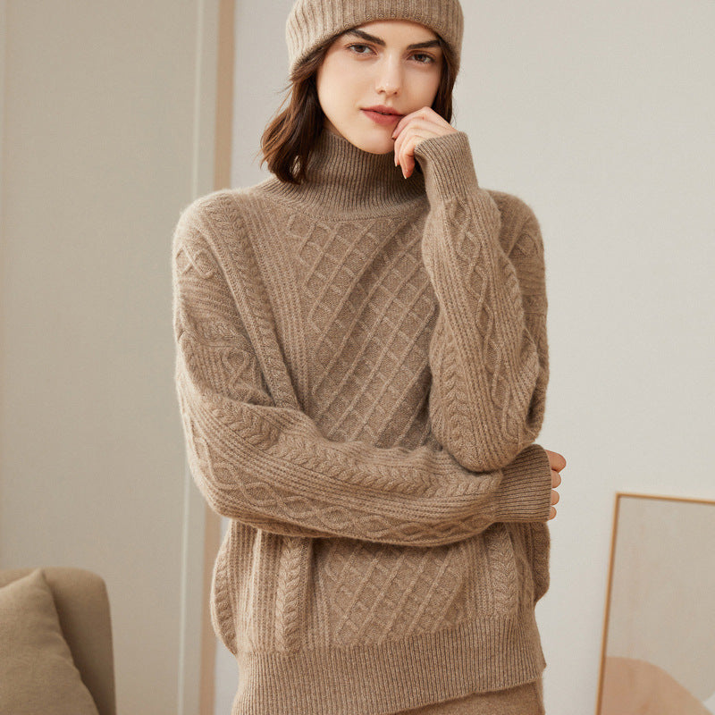Turtleneck Loose Pullover Cable Pattern Slimming Wool Knitted  Bottoming Cashmere Sweater