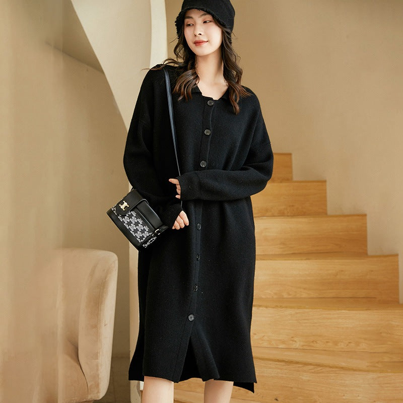 Women's Thickened Lapel Knitted Sweater Korean Style Loose Mid-Length Jacket