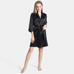 100% Pure Silk Bathrobe with Belt Short Silk Robe for Women