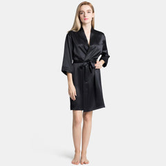 100% Pure Silk Bathrobe with Belt Short Silk Robe for Women