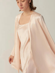 V Neck Mulberry Short Silk Long Sleeve for Women Pure Silk Night Robe with Belt